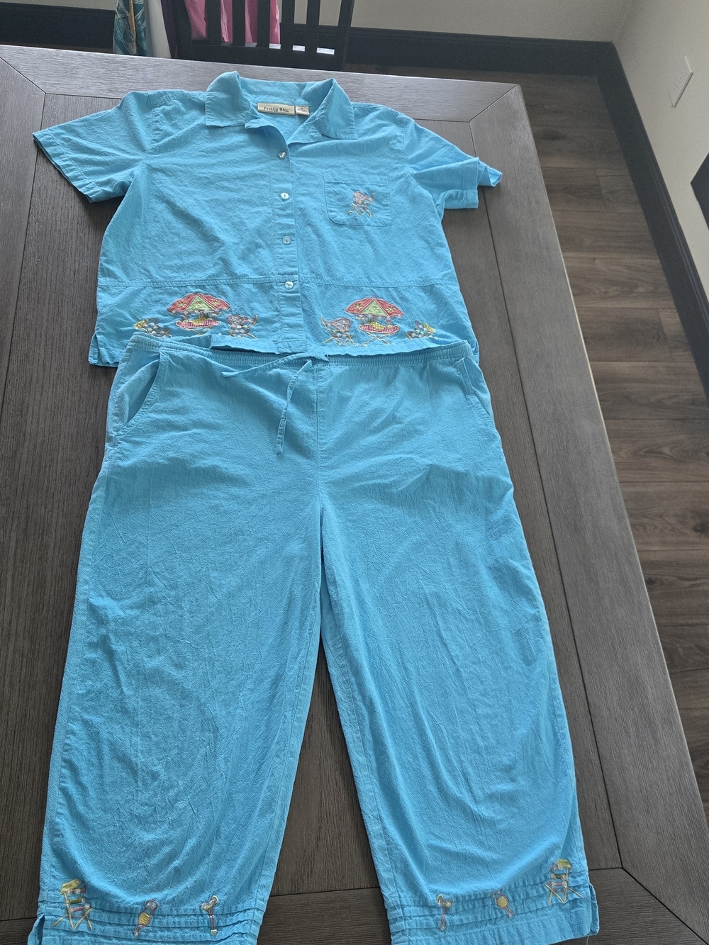 Pretty Bleu 100 Cotton 2 Piece Set Womens XL Turquoise Beaded Beach Capris Set